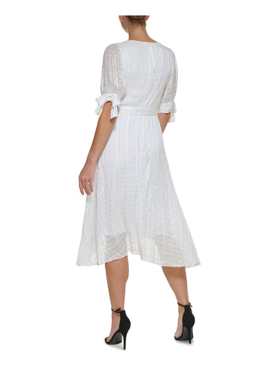 DKNY Womens Ivory Zippered Tie Hi-lo Hem Lined Short Sleeve Surplice Neckline Midi Party Faux Wrap Dress 6