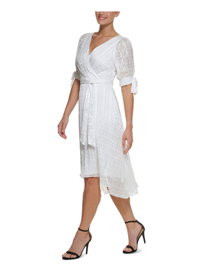 DKNY Womens Ivory Zippered Tie Hi-lo Hem Lined Short Sleeve Surplice Neckline Midi Party Faux Wrap Dress 6