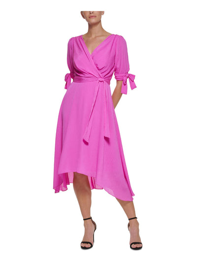 DKNY Womens Pink Zippered Pleated Tie Cuffs Belted Hi-lo Hem Lined Elbow Sleeve V Neck Midi Wear To Work Faux Wrap Dress 14