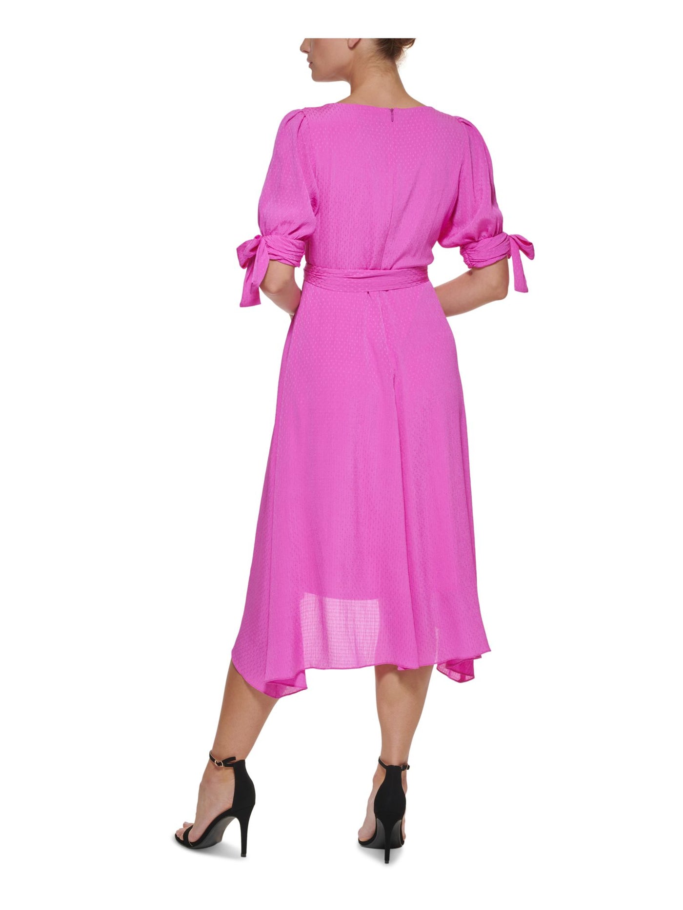 DKNY Womens Pink Zippered Pleated Tie Cuffs Belted Hi-lo Hem Lined Elbow Sleeve V Neck Midi Wear To Work Faux Wrap Dress 14