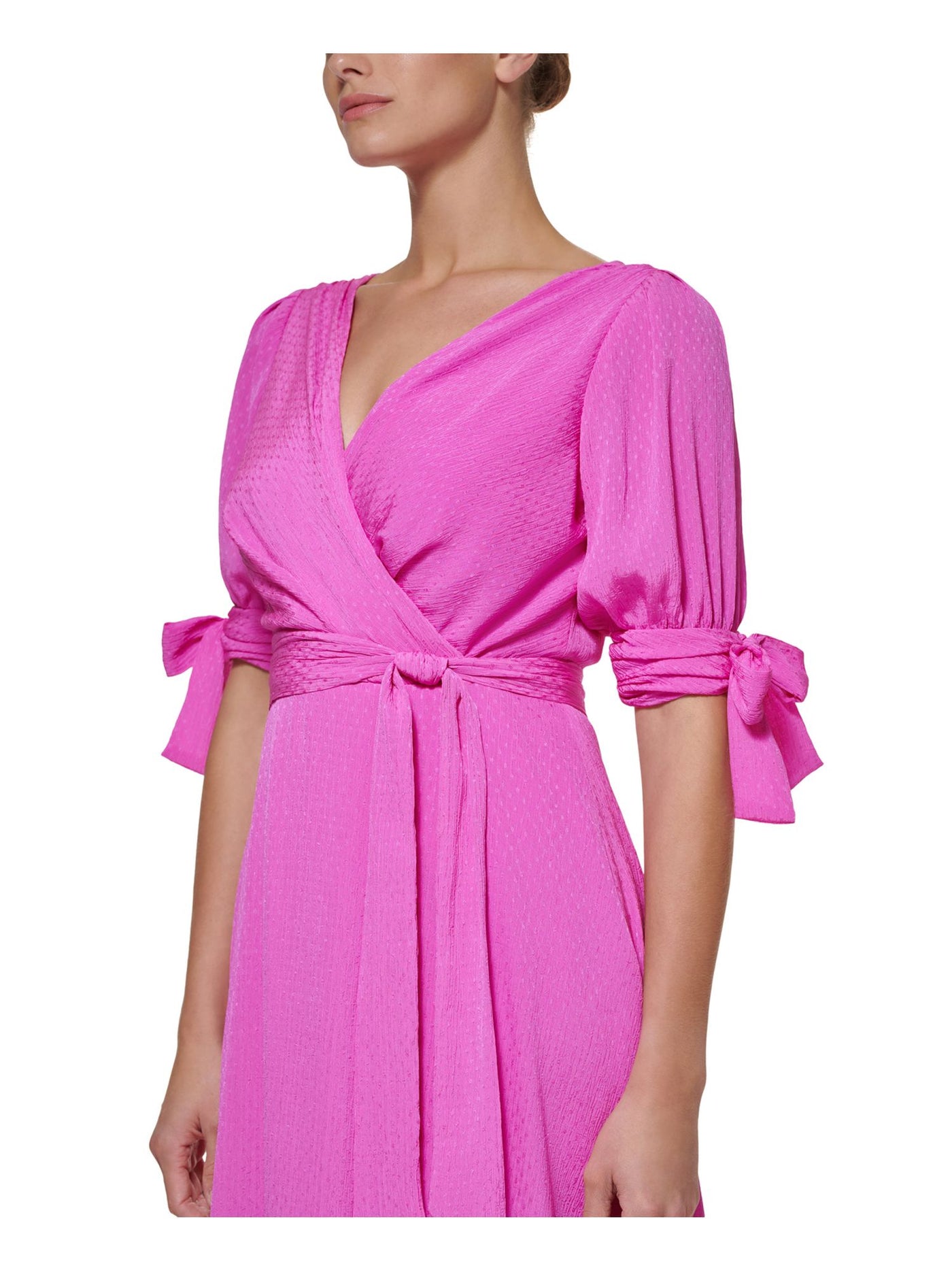 DKNY Womens Pink Zippered Pleated Tie Cuffs Belted Hi-lo Hem Lined Elbow Sleeve V Neck Midi Wear To Work Faux Wrap Dress 14