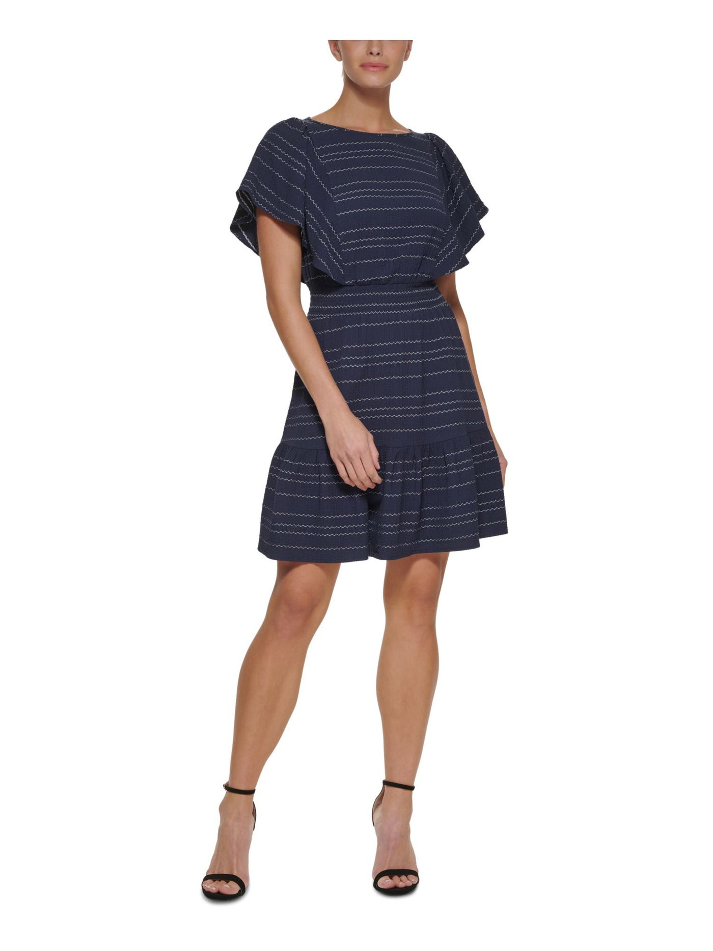 DKNY Womens Navy Smocked Ruffled Keyhole Closure Unlined Flutter Sleeve Crew Neck Above The Knee Fit + Flare Dress 14