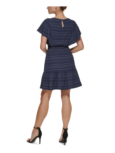 DKNY Womens Navy Smocked Ruffled Keyhole Closure Unlined Flutter Sleeve Crew Neck Above The Knee Fit + Flare Dress 14