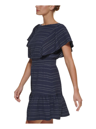 DKNY Womens Navy Smocked Ruffled Keyhole Closure Unlined Flutter Sleeve Crew Neck Above The Knee Fit + Flare Dress 6
