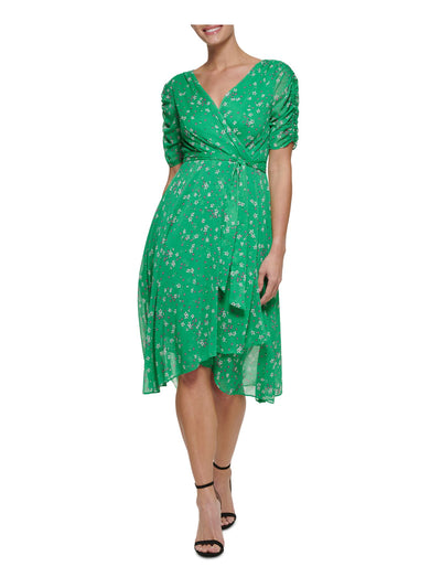 DKNY Womens Green Zippered Sheer Self-tie Belt Lined Floral Short Sleeve V Neck Below The Knee Wear To Work Faux Wrap Dress 6