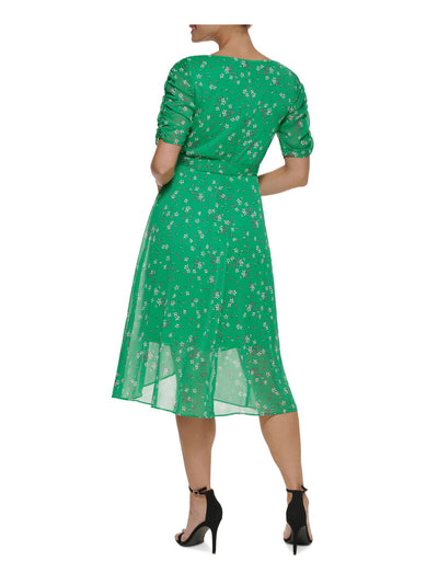DKNY Womens Green Zippered Sheer Self-tie Belt Lined Floral Short Sleeve V Neck Below The Knee Wear To Work Faux Wrap Dress 6