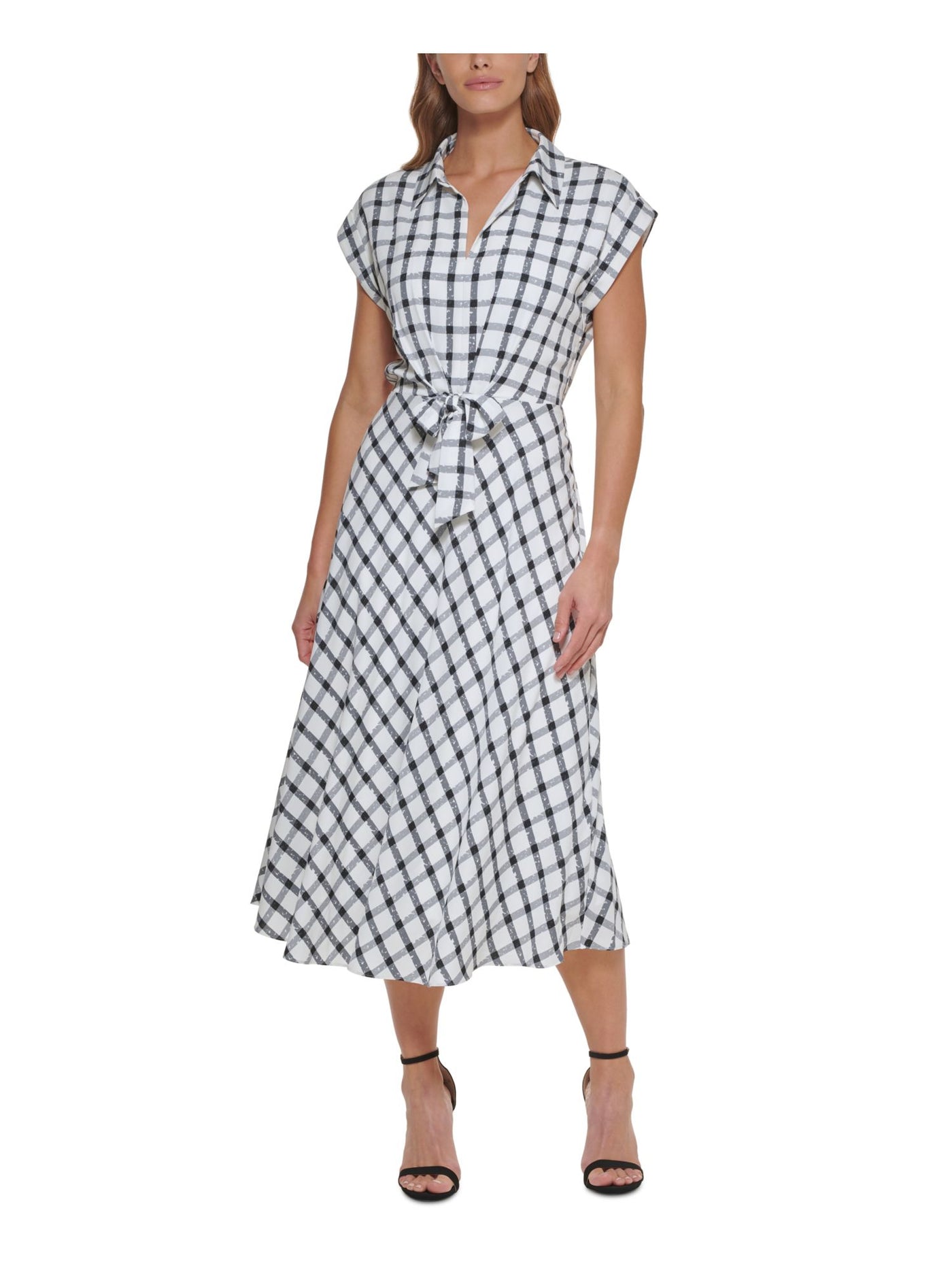 DKNY Womens White Pleated Tie Front Lined Printed Cap Sleeve Collared Midi Wear To Work Shirt Dress 10
