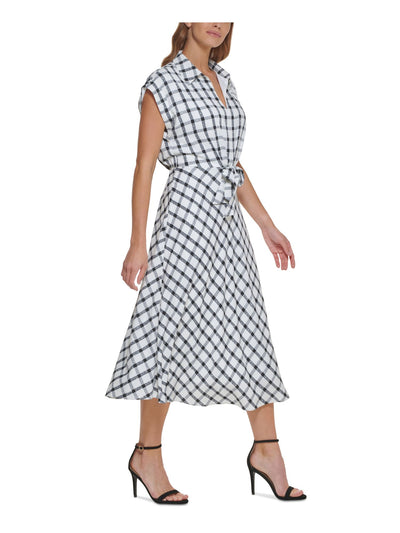 DKNY Womens White Pleated Tie Front Lined Printed Cap Sleeve Collared Midi Wear To Work Shirt Dress 10
