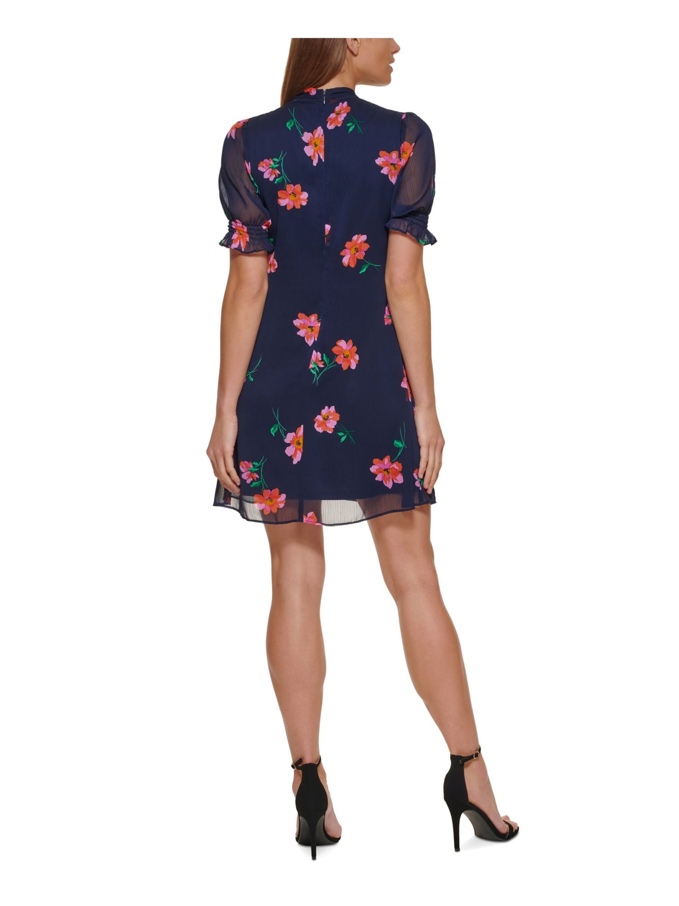 DKNY Womens Tie Short Sleeve V Neck Lined Smocked Short Sheath Dress