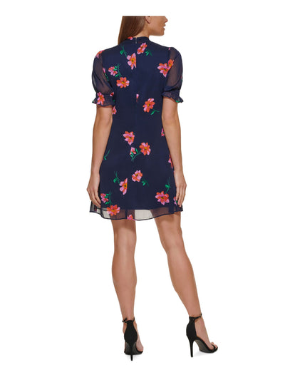 DKNY Womens Tie Short Sleeve V Neck Lined Smocked Short Sheath Dress
