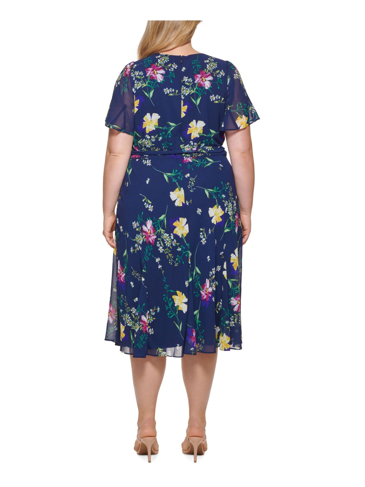 DKNY Womens Navy Belted Zippered Floral Flutter Sleeve Round Neck Midi Wear To Work Fit + Flare Dress Plus 16W