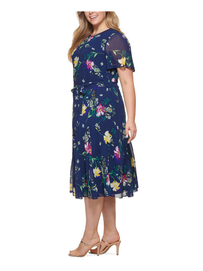 DKNY Womens Navy Belted Zippered Floral Flutter Sleeve Round Neck Midi Wear To Work Fit + Flare Dress Plus 16W
