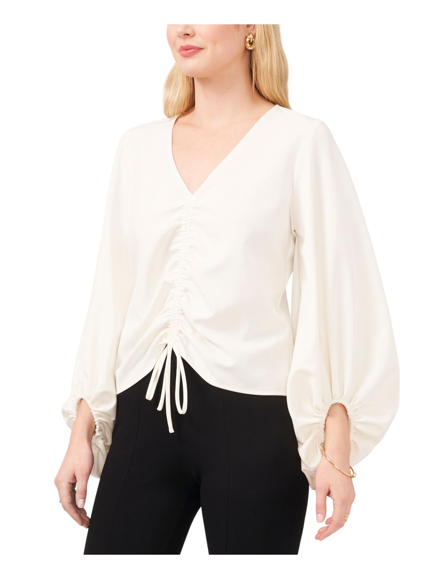 MSK PETITES Womens Ivory Zippered Ruched Peasant Sleeve Tie Unlined V Neck Blouse Petites PS