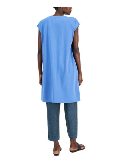 EILEEN FISHER Womens Blue Stretch Cap Sleeve Crew Neck Above The Knee Shift Dress Petites PM