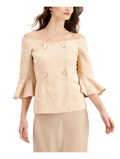 ADRIANNA PAPELL Womens Beige Zippered Metallic Double Breasted Fitted Textured Bell Sleeve Off Shoulder Evening Top 2