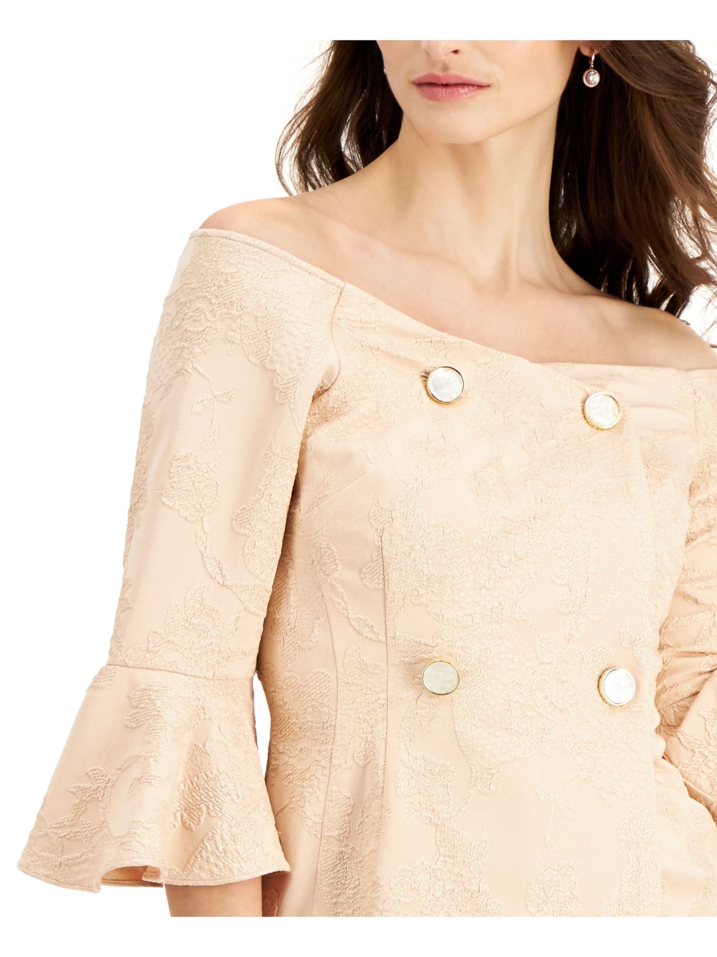 ADRIANNA PAPELL Womens Beige Zippered Metallic Double Breasted Fitted Textured Bell Sleeve Off Shoulder Evening Top 2