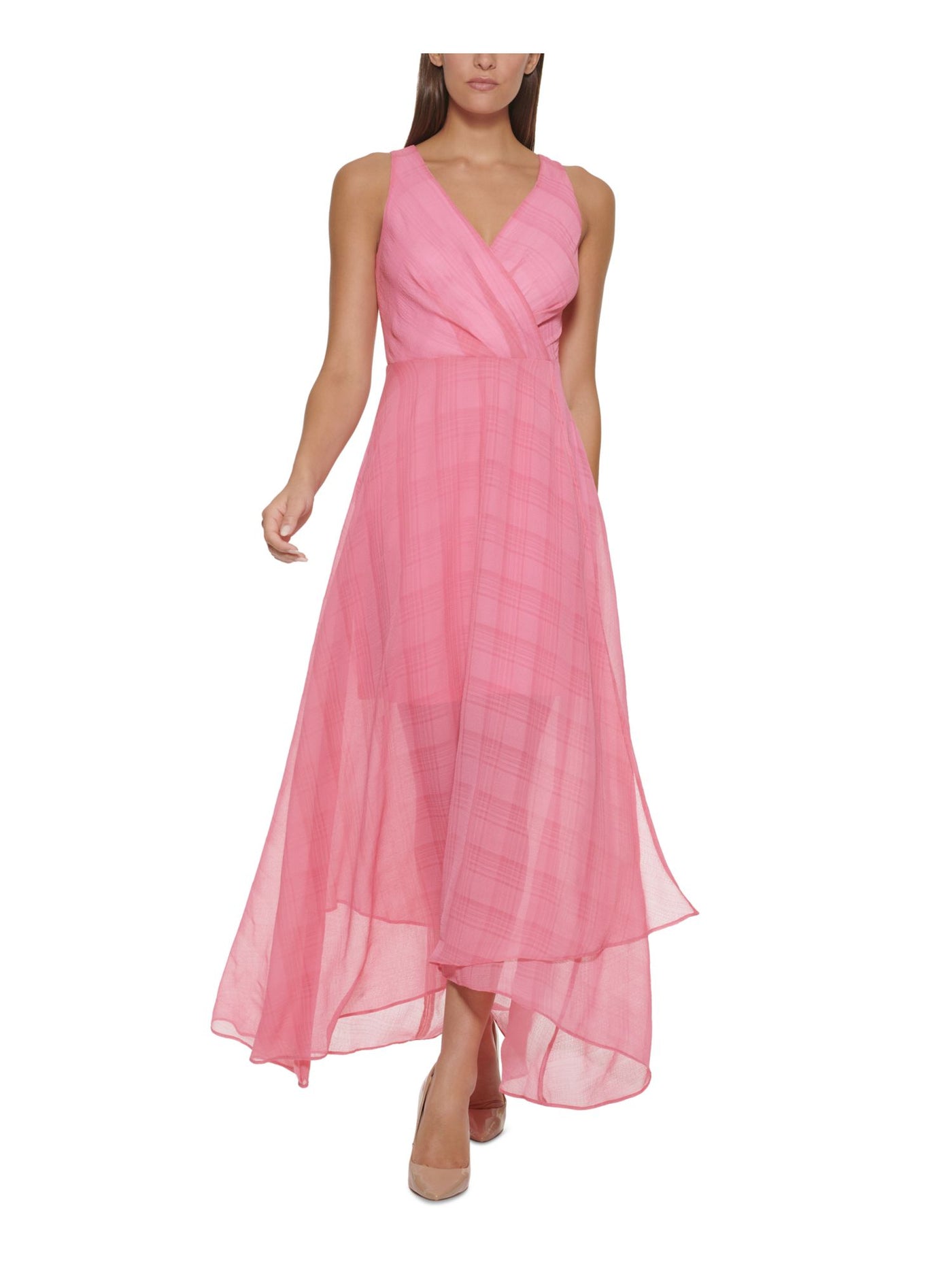 TOMMY HILFIGER Womens Pink Zippered Sheer Hi-lo Hem Lined Pleated Plaid Sleeveless Surplice Neckline Maxi Faux Wrap Dress 12