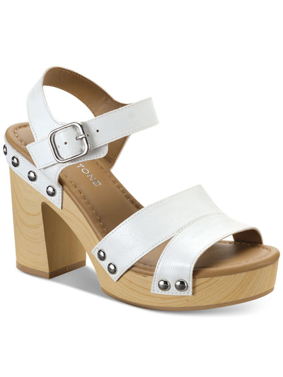 SUN STONE Womens White Studded 1" Platform Adjustable Strap Padded Deleste Round Toe Block Heel Buckle Dress Sandals Shoes 9.5