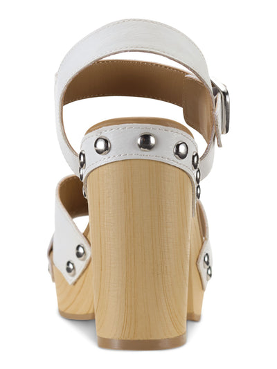 SUN STONE Womens White Studded 1" Platform Adjustable Strap Padded Deleste Round Toe Block Heel Buckle Dress Sandals Shoes 6.5 M
