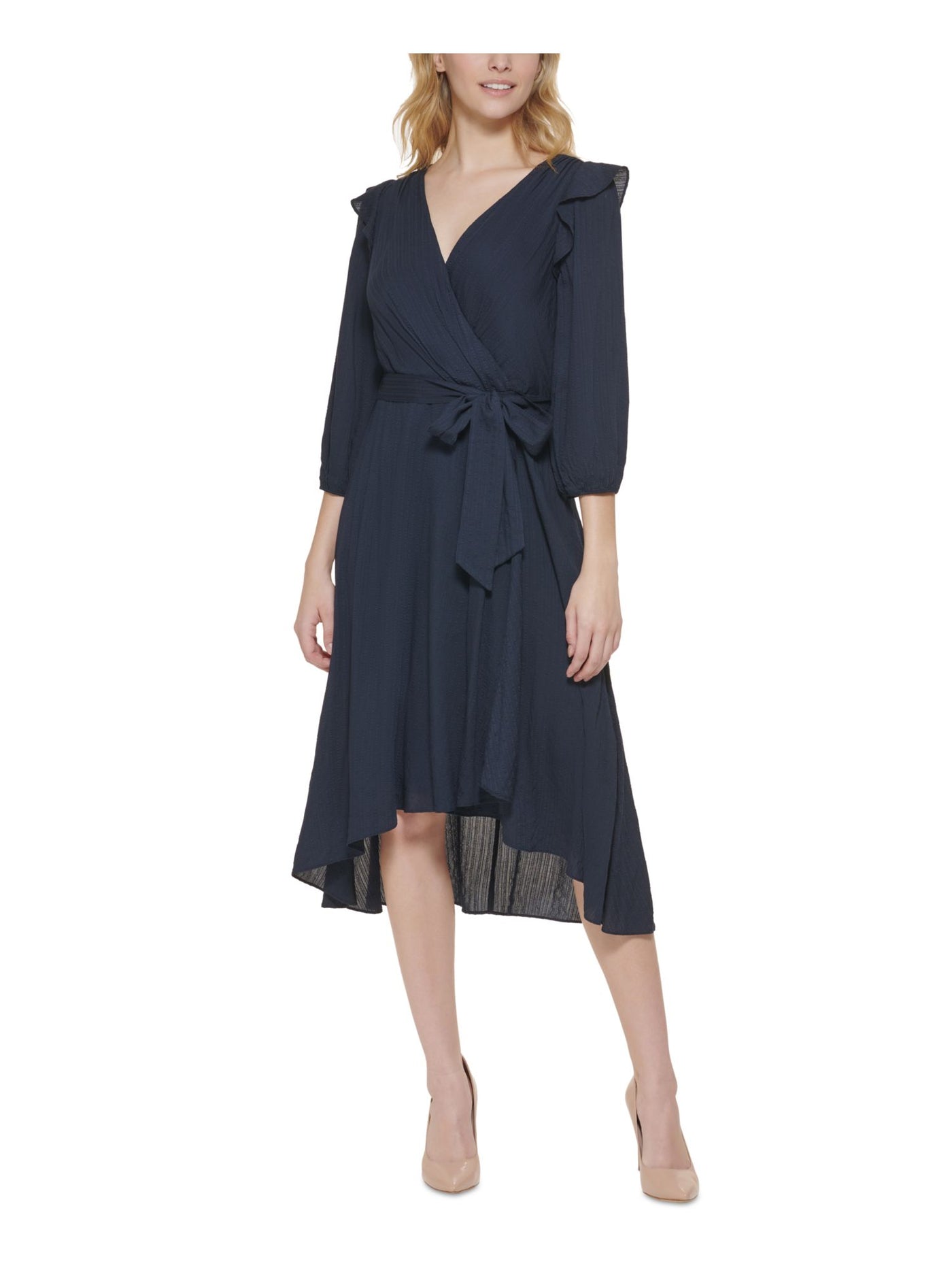 TOMMY HILFIGER Womens Navy Zippered Ruffled Self Tie Waist 3/4 Sleeve Surplice Neckline Midi Wear To Work Faux Wrap Dress 14