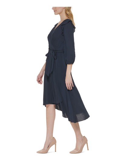 TOMMY HILFIGER Womens Navy Zippered Ruffled Self Tie Waist 3/4 Sleeve Surplice Neckline Midi Wear To Work Faux Wrap Dress 14