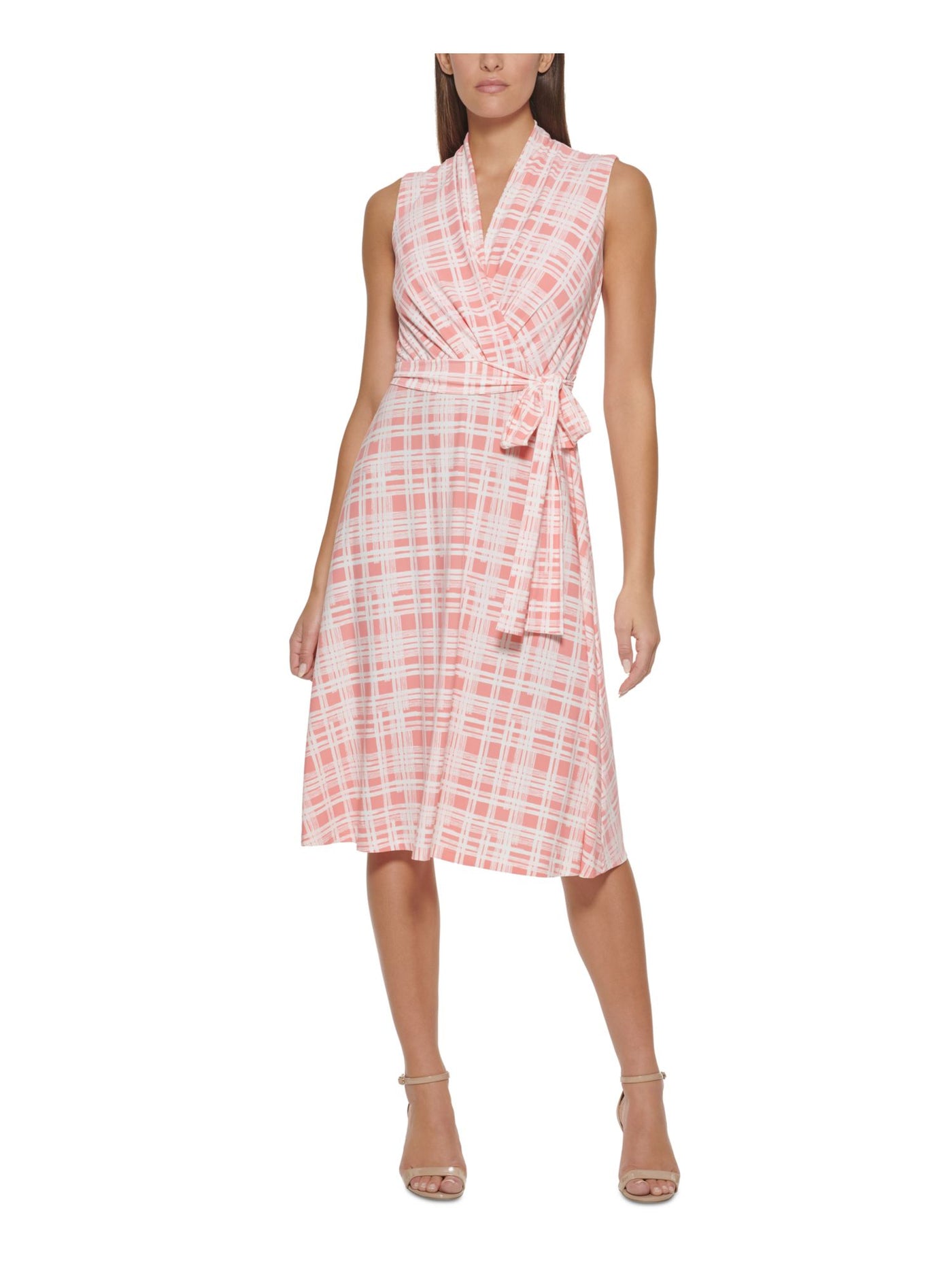 TOMMY HILFIGER Womens Pink Zippered Self Tie Belt Plaid Sleeveless Surplice Neckline Midi Wear To Work Fit + Flare Dress 18