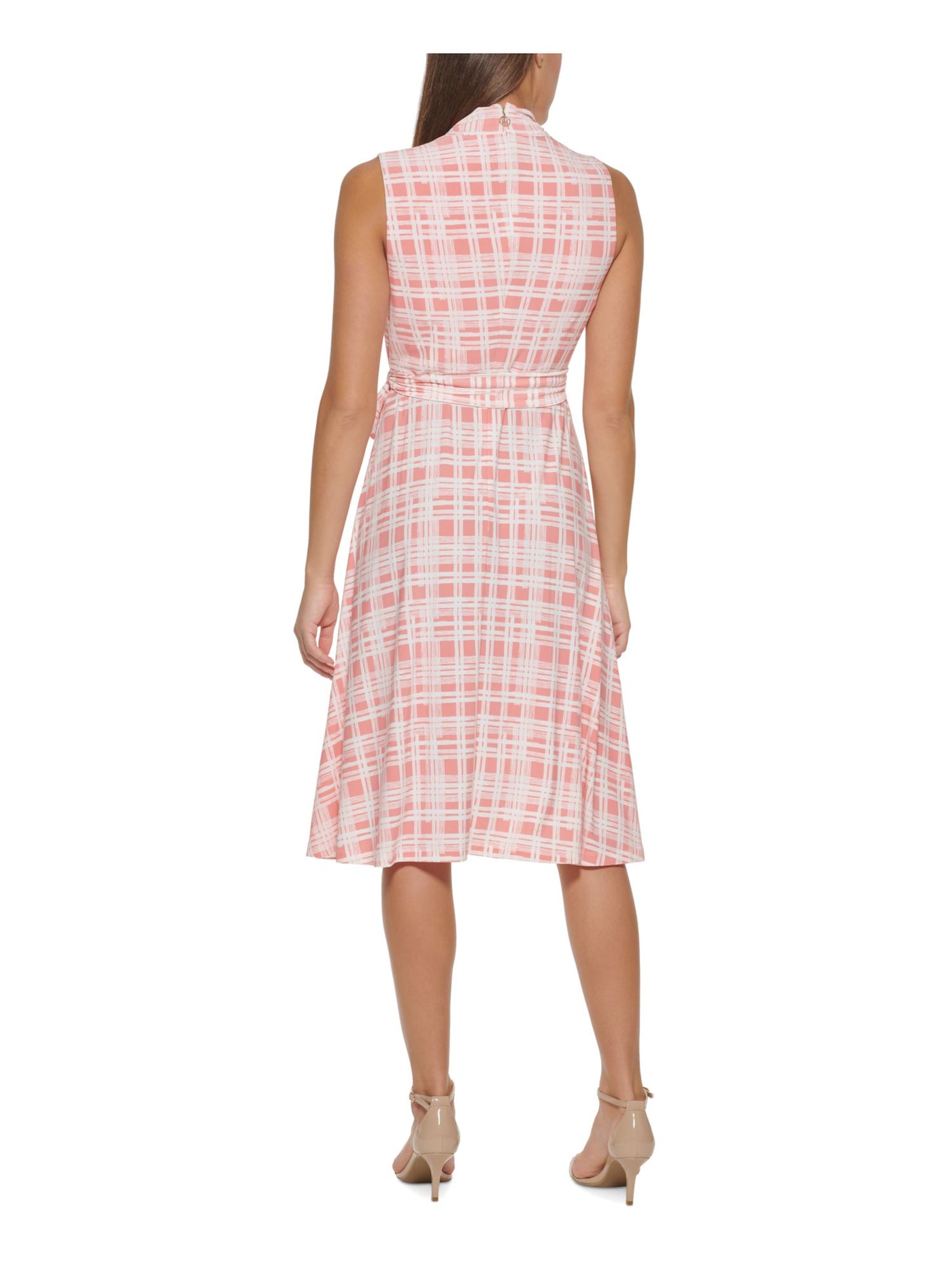 TOMMY HILFIGER Womens Pink Zippered Self Tie Belt Plaid Sleeveless Surplice Neckline Midi Wear To Work Fit + Flare Dress 18