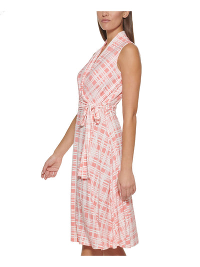 TOMMY HILFIGER Womens Pink Zippered Self Tie Belt Plaid Sleeveless Surplice Neckline Midi Wear To Work Fit + Flare Dress 18