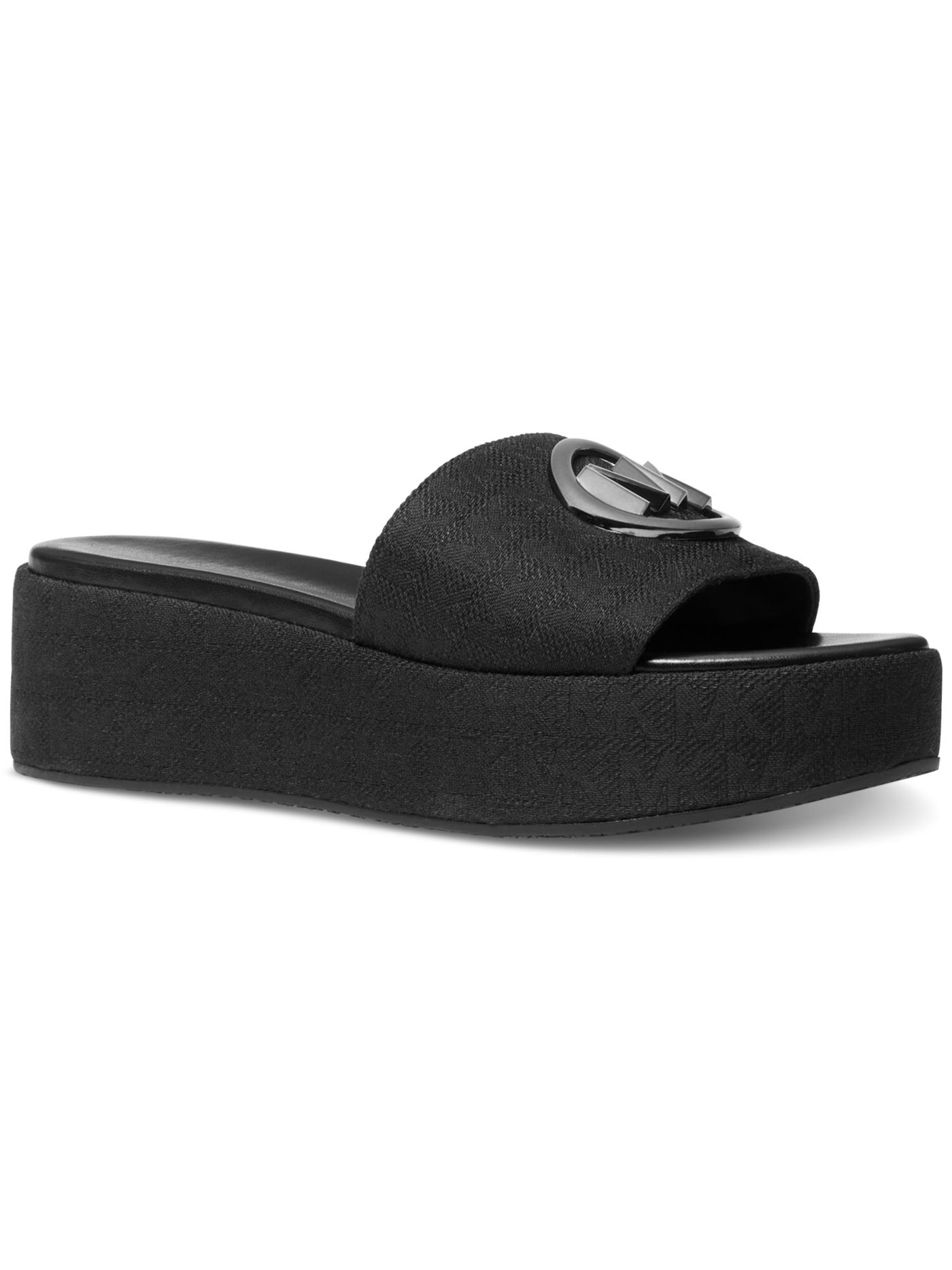 MICHAEL MICHAEL KORS Womens Black Logo 1" Platform Hardware Logo Padded Sadler Round Toe Wedge Slip On Heeled Sandal 6.5 M