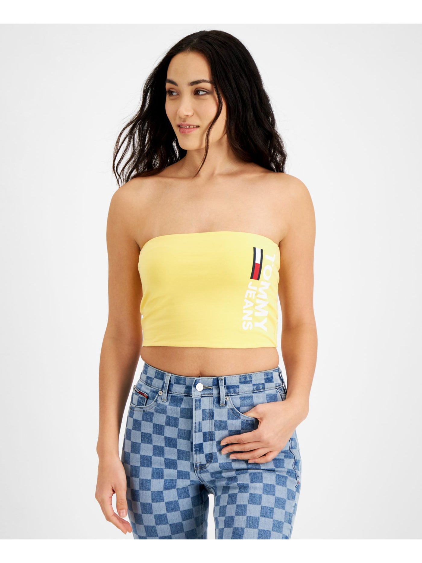 TOMMY JEANS Womens Yellow Logo Graphic Sleeveless Strapless Tube Top L