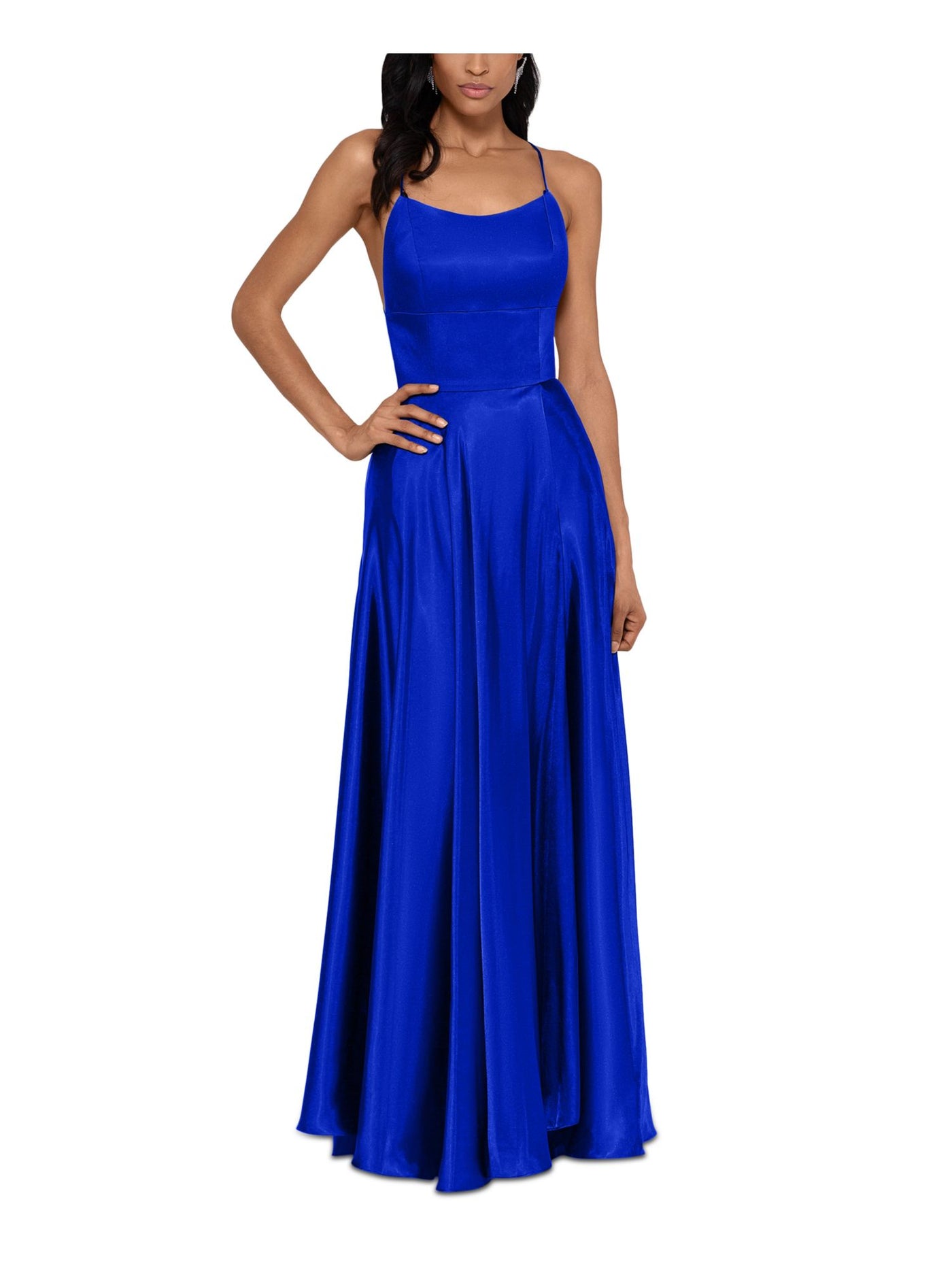 B&A  BY BETSY & ADAM Womens Blue Zippered Pocketed Tie Open Back Lined Spaghetti Strap Scoop Neck Full-Length Formal Gown Dress 0