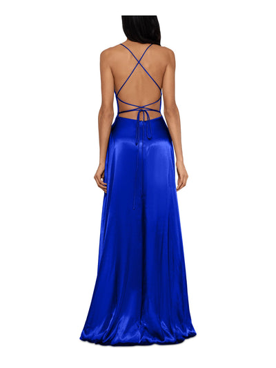 B&A  BY BETSY & ADAM Womens Blue Zippered Pocketed Tie Open Back Lined Spaghetti Strap Scoop Neck Full-Length Formal Gown Dress 0
