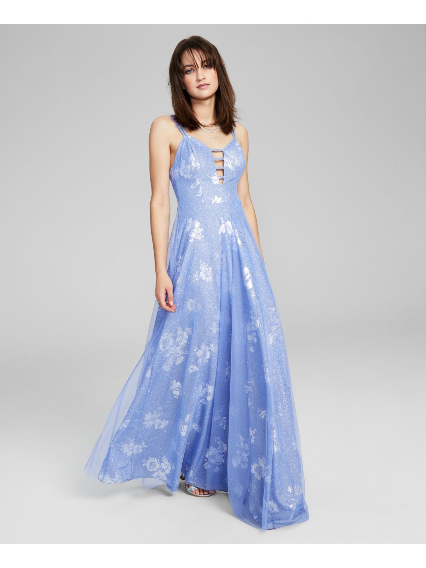 CITY STUDIO Womens Light Blue Glitter Zippered Strappy Detail Lined Floral Sleeveless V Neck Full-Length Prom Gown Dress Juniors 9