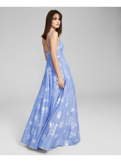 CITY STUDIO Womens Blue Glitter Zippered Strappy Detail Lined Floral Sleeveless V Neck Full-Length Prom Gown Dress Juniors 1