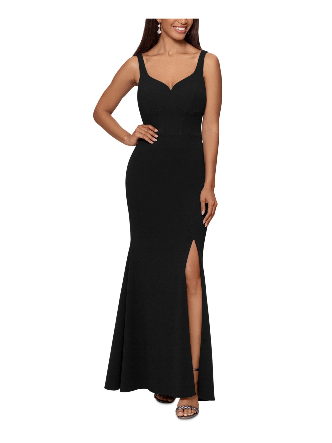XSCAPE Womens Black Stretch Zippered Slitted Lined Adjustable Straps Sleeveless Sweetheart Neckline Full-Length Formal Gown Dress 12