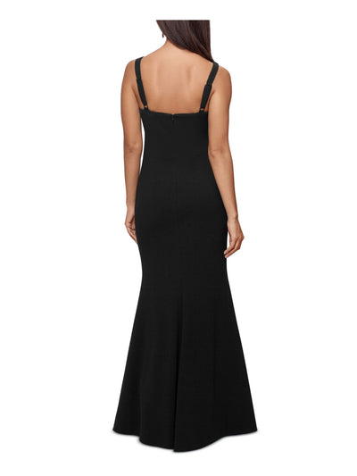 XSCAPE Womens Black Stretch Zippered Slitted Lined Adjustable Straps Sleeveless Sweetheart Neckline Full-Length Formal Gown Dress 4