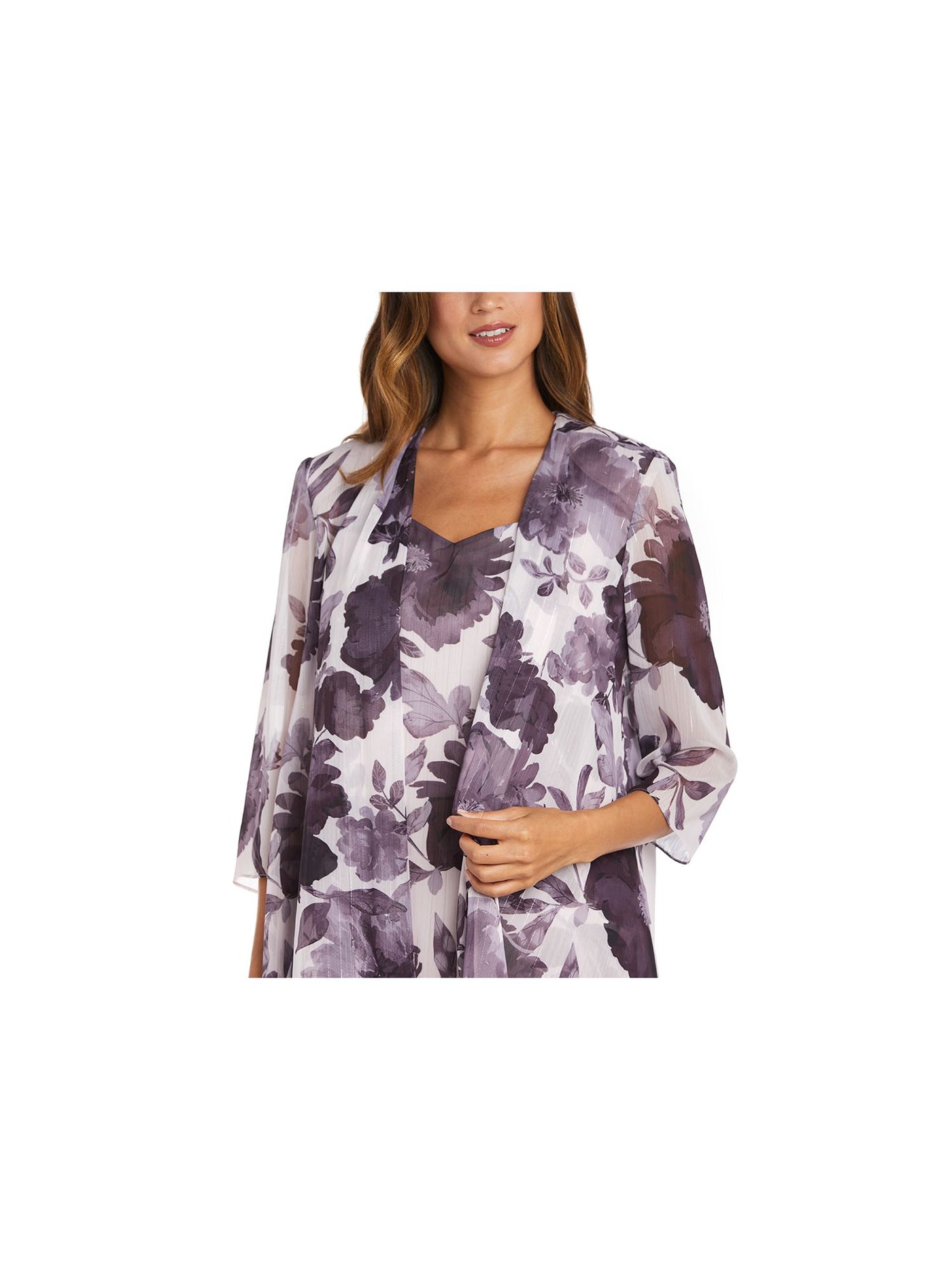 R&M RICHARDS Womens Purple Glitter Sheer Floral 3/4 Sleeve Open Front Evening Cardigan Plus 14W