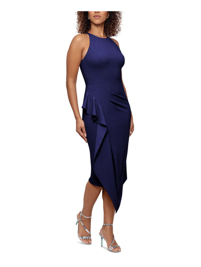 BETSY & ADAM Womens Navy Zippered Fitted Ruffled Asymmetrical Hem Lined Sleeveless Round Neck Tea-Length Cocktail Sheath Dress Petites 8P