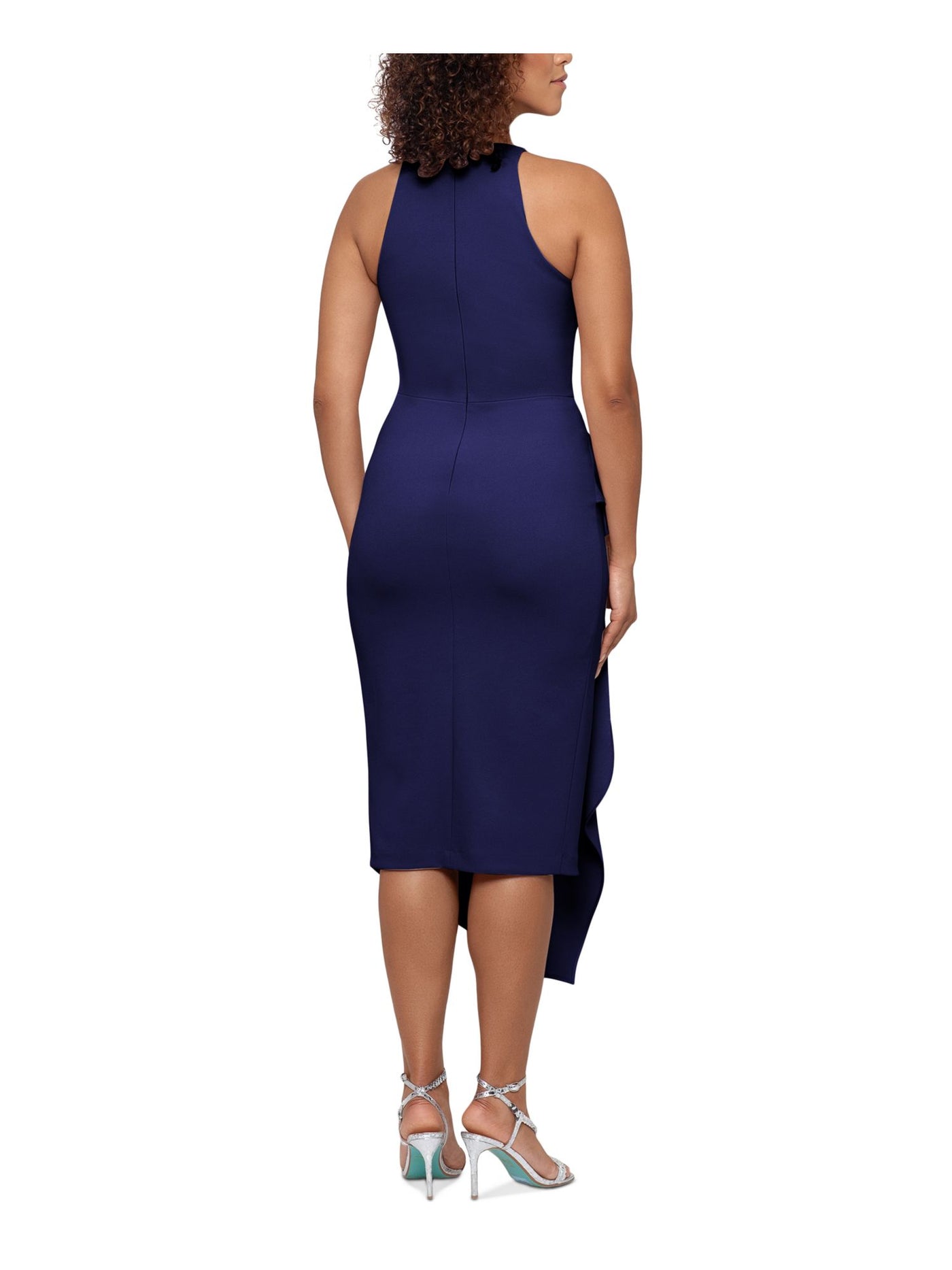 BETSY & ADAM Womens Navy Zippered Fitted Ruffled Asymmetrical Hem Lined Sleeveless Round Neck Tea-Length Cocktail Sheath Dress Petites 8P