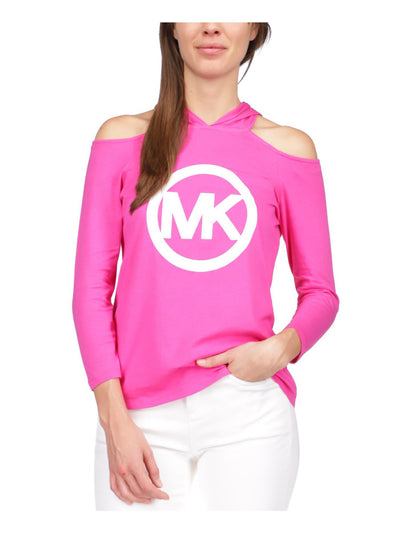 MICHAEL MICHAEL KORS Womens Pink Cold Shoulder Logo Graphic Long Sleeve Hoodie Top Petites P\M