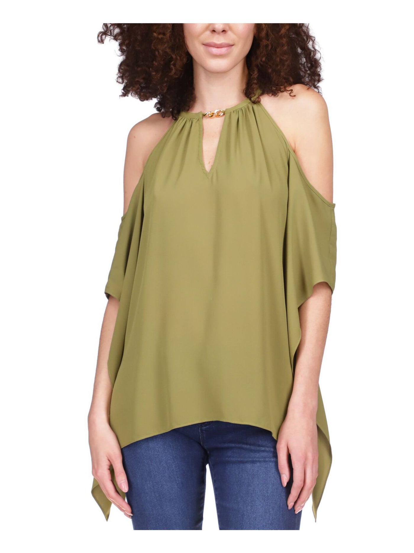 MICHAEL MICHAEL KORS Womens Green Cold Shoulder Keyhole Back Handkerchief Hem Elbow Sleeve Crew Neck Party Top XXS