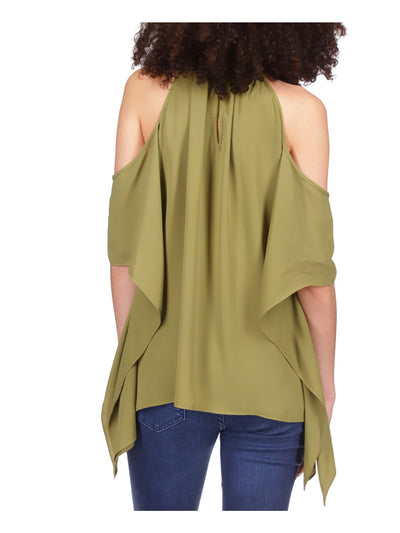 MICHAEL MICHAEL KORS Womens Green Cold Shoulder Keyhole Back Handkerchief Hem Elbow Sleeve Crew Neck Party Top XXS