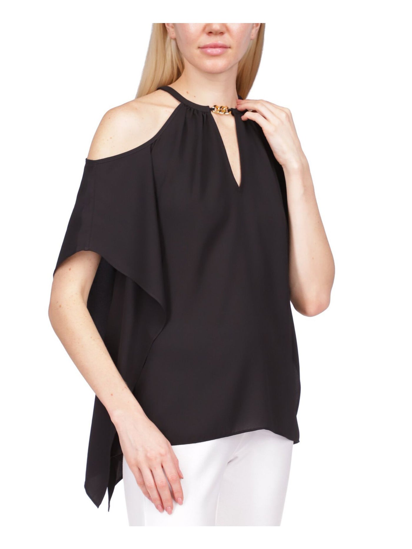 MICHAEL KORS Womens Black Cut Out Cold Shoulder Handkerchief Hem Elbow Sleeve Round Neck Top XS