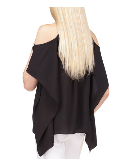 MICHAEL KORS Womens Black Cut Out Cold Shoulder Handkerchief Hem Elbow Sleeve Round Neck Top S