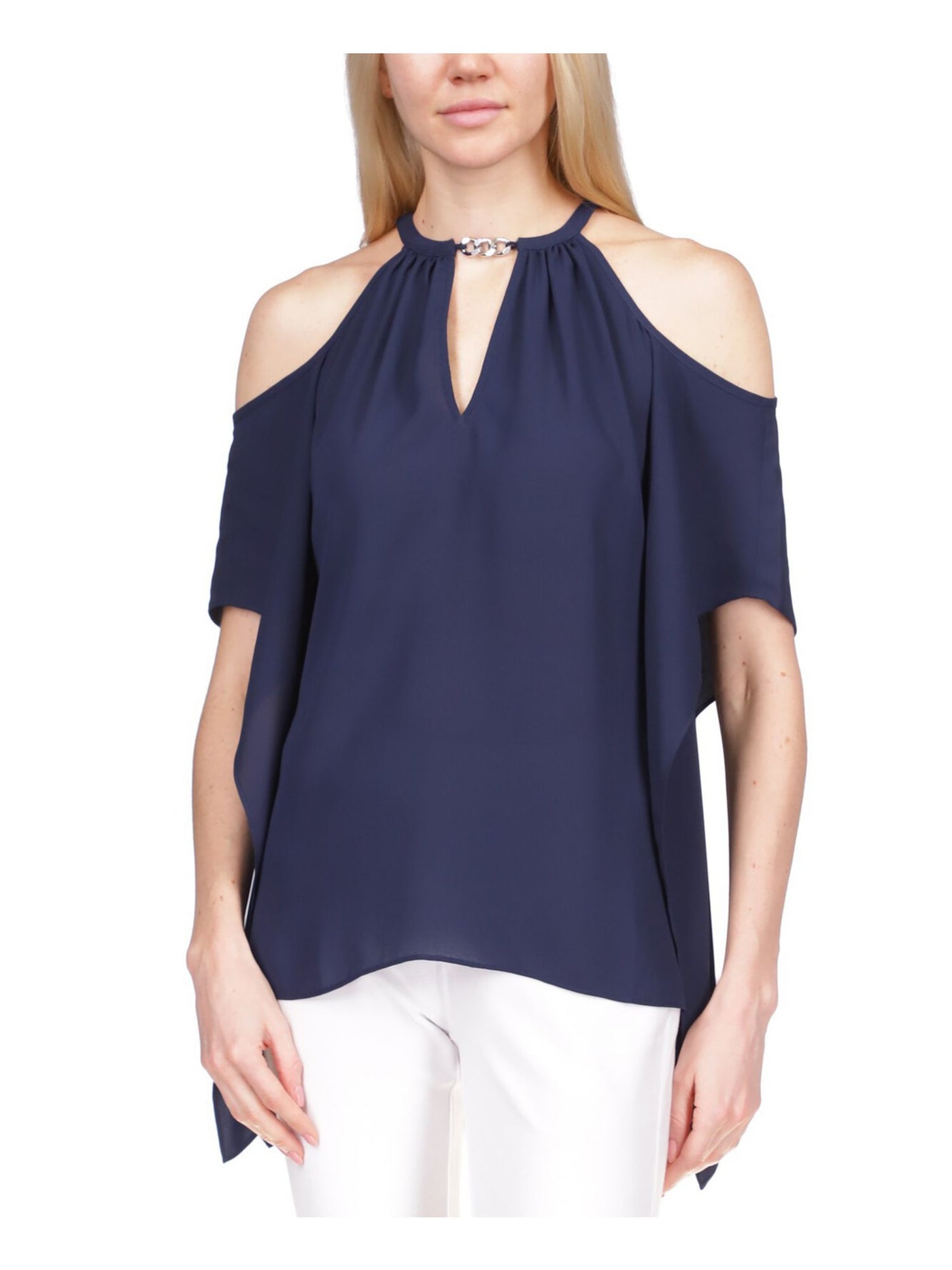 MICHAEL MICHAEL KORS Womens Navy Cut Out Cold Shoulder Handkerchief Hem Elbow Sleeve Round Neck Top XXS