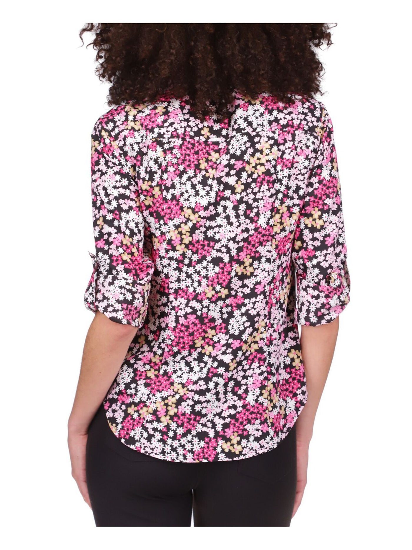 MICHAEL MICHAEL KORS Womens Pink Zippered Pocketed Curved Hem Floral Roll-tab Sleeve Collared Top Petites P\XS