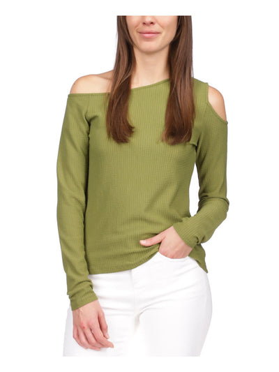 MICHAEL MICHAEL KORS Womens Green Textured Cold Shoulder Logo Plate Pullover Long Sleeve Asymmetrical Neckline Top Petites P\L