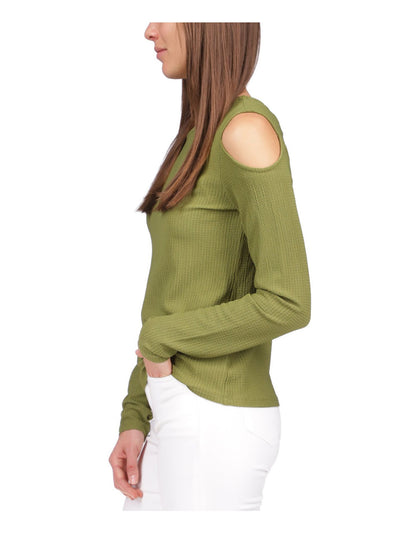 MICHAEL MICHAEL KORS Womens Green Textured Cold Shoulder Logo Plate Pullover Long Sleeve Asymmetrical Neckline Top Petites P\XL