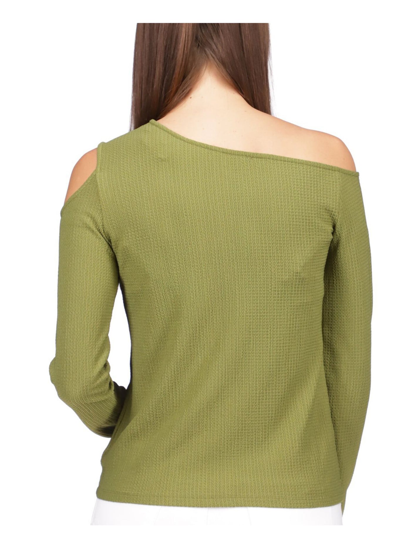 MICHAEL MICHAEL KORS Womens Green Textured Cold Shoulder Logo Plate Pullover Long Sleeve Asymmetrical Neckline Top Petites P\XS