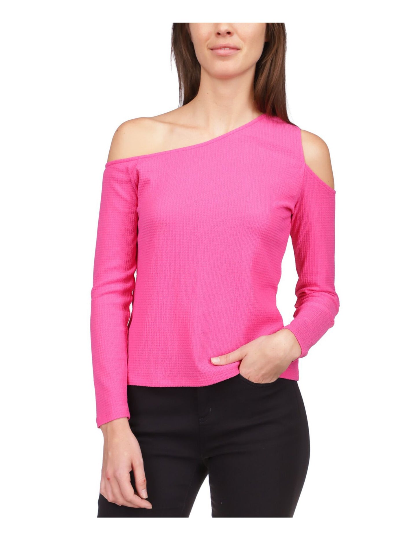 MICHAEL MICHAEL KORS Womens Pink Textured Cold Shoulder Logo Plate Pullover Long Sleeve Asymmetrical Neckline Top Petites P\M